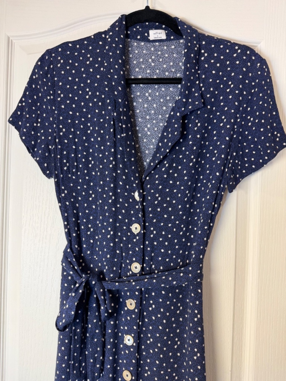 Wilfred Navy Blue Printed Button Front Midi Maxi Shirt Dress Belted Size S Layer
